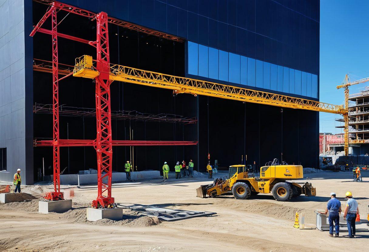 A sleek and modern construction site showcasing a Mohawk lift in action, with workers collaborating efficiently, colorful equipment rentals in the background, and vibrant machinery. Focus on dynamic angles and a clear blue sky to convey progress and innovation. super-realistic. vibrant colors. 3D.