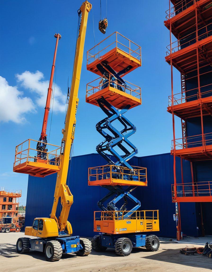 A high-angled view of various aerial work platforms in action at a construction site, showcasing workers safely operating them while surrounded by vibrant safety signage and gear. The scene includes diverse platforms like a scissor lift and a boom lift, emphasizing teamwork and efficiency in a well-organized setting. Bright blue sky above, with a focus on rugged machinery and dynamic movement. super-realistic. vibrant colors. construction theme.